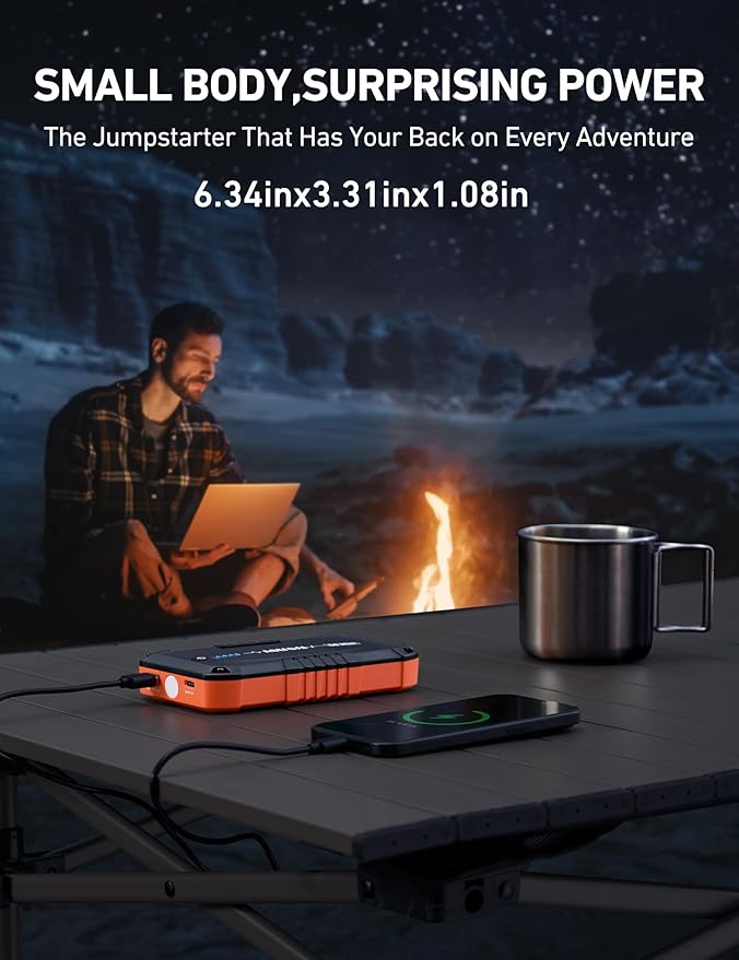 AstroAI S8 Mini Car Battery Jump Starter, 12V Portable Car Starter for Up to 6.0L Gas/3.0L Diesel Engine, Auto Battery Booster Pack, Lithium Jump Box with Jumper Cables & LED Light (Orange)