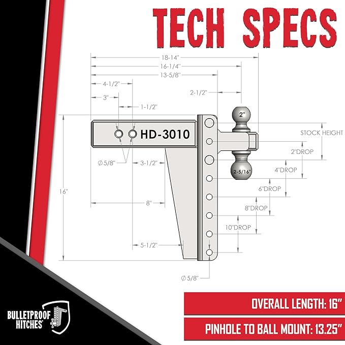 BulletProof Hitches - 3.0" Adjustable Heavy Duty Trailer Hitch (22,000 lb. Rating) - 10" Drop/Rise Trailer Hitch with 2" & 2-5/16" Dual Ball - Powder Coat, Solid Steel, Corrosion-Resistant