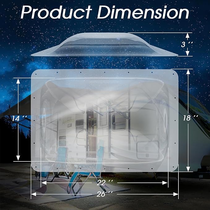 XMK 18" x 26" RV Skylight Replacement Cover for Camper Trailer Motorhome Roof, RV Shower Skylight Cover Outer Dome Fit 14" x 22" Openings, Impact Resistant, Clear