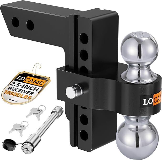 LOCAME Adjustable Trailer Hitch, Fits 2.5-Inch Receiver Only, 6-Inch Drop/Rise Aluminum Drop Hitch,18,500 LBS GTW-Tow Hitch for Heavy Duty Truck with Double Stainless Steel Locks, Black, LC0025