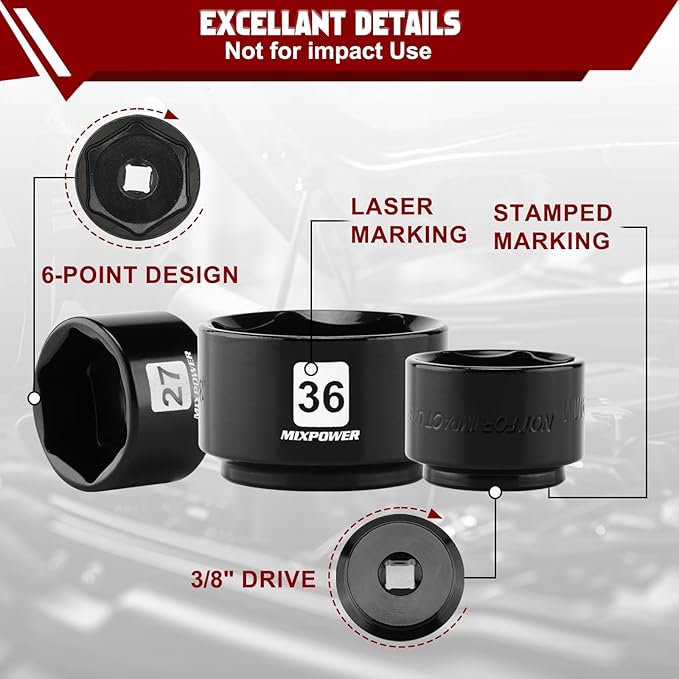 MIXPOWER 8 Pieces 3/8" Drive Low Profile Oil Filter Socket Set, 24mm, 27mm, 28mm, 29mm, 30mm, 32mm, 36mm, 38mm, Oil Filter Cap Remover and Installer Tool Set