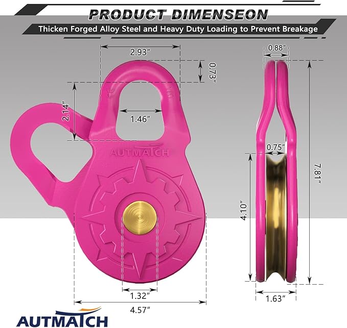 AUTMATCH Winch Snatch Block 18 Ton - Winch Pulley (79,366 Lbs) Break Strength, Heavy Duty Off Road Recovery Towing Pulley Blocks for Synthetic Rope or Steel Cable, Truck, UTV, ATV, Pink