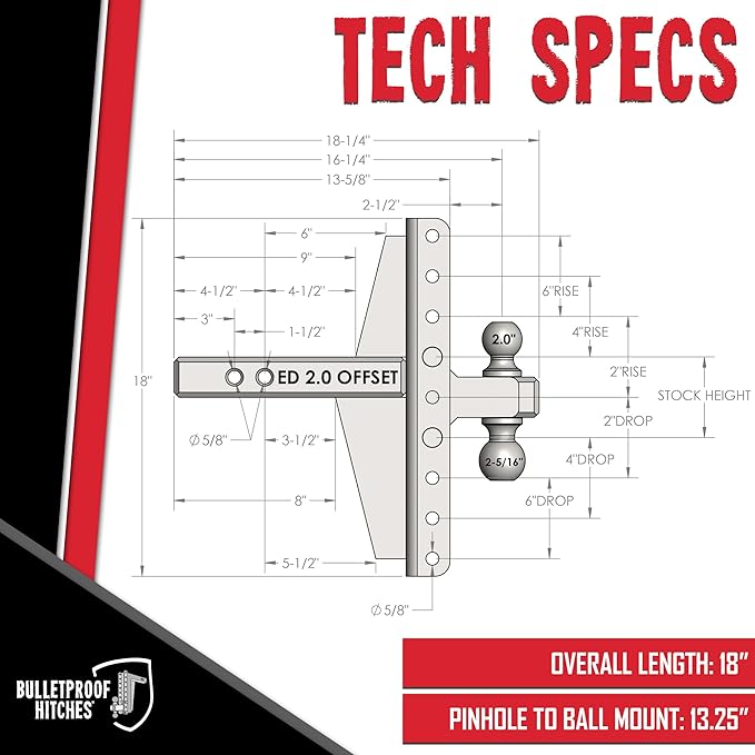 BulletProof Hitches - 2.0" Adjustable Extreme Duty Trailer Hitch (30,000 lb. Rating) - Offset 4" & 6" Drop/Rise with 2" and 2 5/16" Dual Ball - Powder Coat, Solid Steel, Corrosion-Resistant