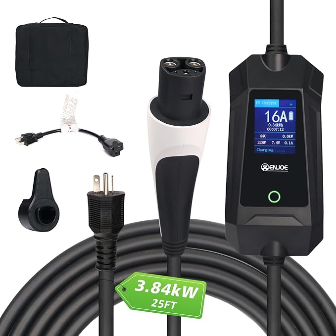 Level 1 & 2 EV Portable Charger up to 16Amp, 110V / 240V with 25ft Cable for Tesla NACS, NEMA 5-15 & 6-20 Plug Indoor/Outdoor EVSE, Home/Travel Electric Car Charging Station
