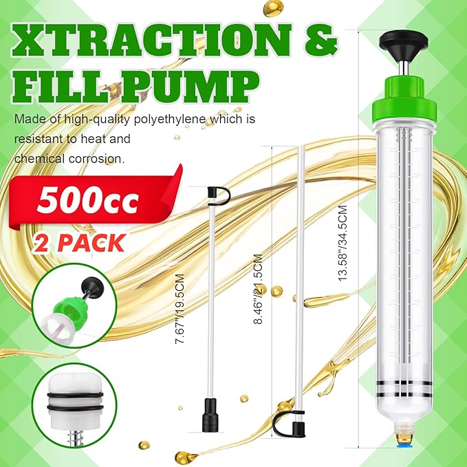 Lothee 2 Pack 500cc Automotive Fluid Extractor Pump Oil Extractor Hand Syringe Pump with Hose Manual Suction Vacuum Fuel Car Transfer for Power Steering, Hydraulic Fluid (Green)