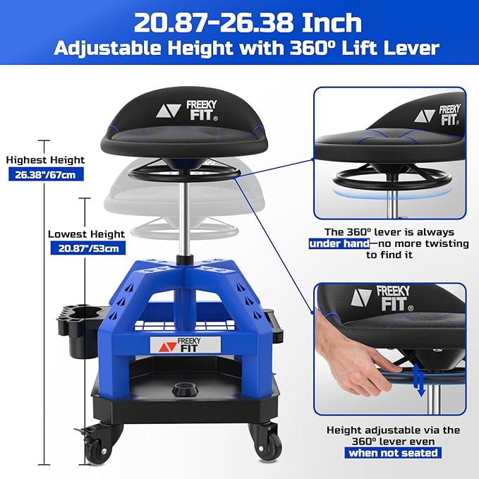 Rolling Shop Stool for Garage with Casters, DO02-Adjustable Height 360° Swivel Shop Seat with Tool Tray Storage, 330 LBS Capacity Padded Mechanic Stool, Magnetic Tool Hold, Heavy Duty, Blue