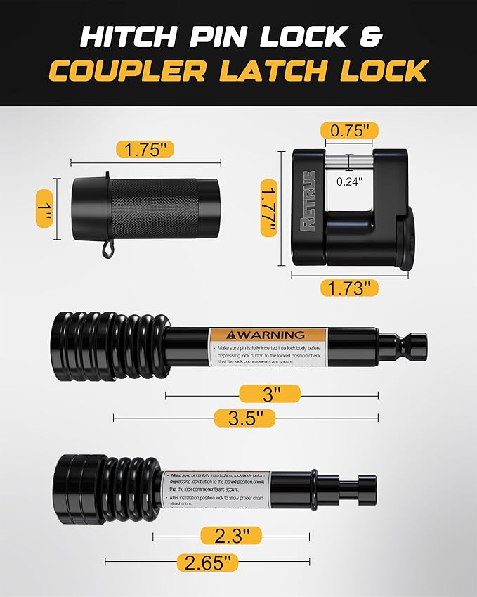 RETRUE Heavy-Duty Keyed-Alike Trailer Lock Set - Universal Coupler, Dual Hitch Receiver Pin, and Trailer Tongue Locks Included, Black