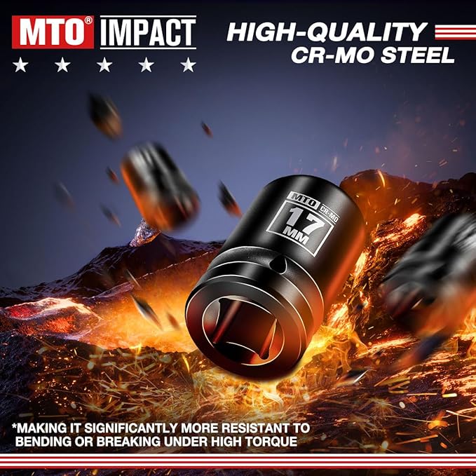 MTO 1/2" Drive 17mm Shallow Impact Socket, 6-Point Metric Socket, CR-MO Steel & Anti-Corrosion Coating for Tight Spaces and Heavy-Duty Tasks