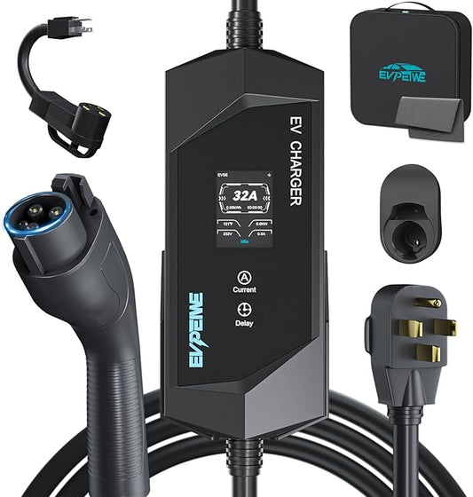 Level 1/2 EV Charger for SAE J1772, 32A 110-240V Portable EV Charger with NEMA 14-50/NEMA 5-15 Plug, 25ft Cable ETL Listed Electric Vehicle Charger for J1772 Electric Cars