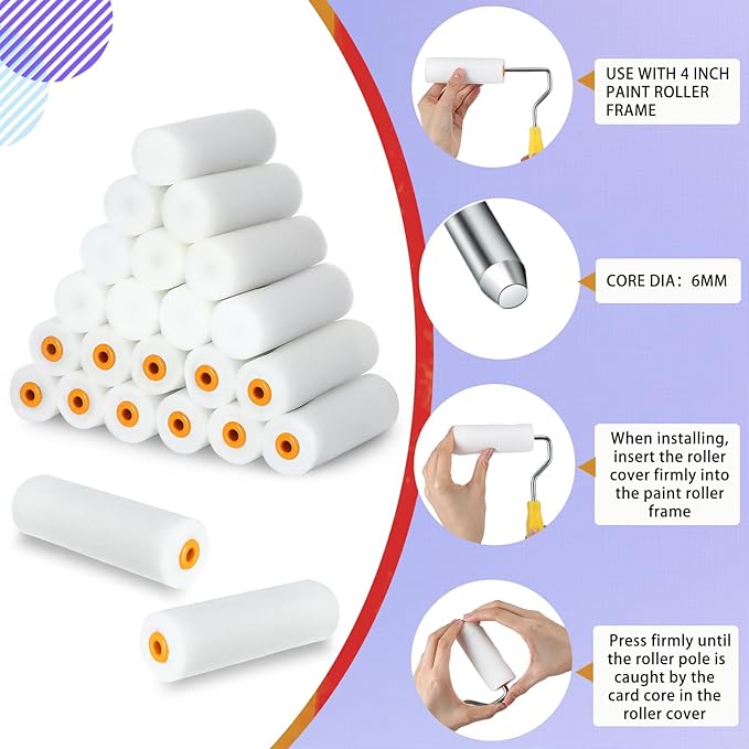 Nuogo 40 Pcs Foam Paint Roller Covers 4 Inch Small High Density Paint Roller Mini House Paint Rollers for Painting Wall Ceiling Cabinet Cupboard Door, White