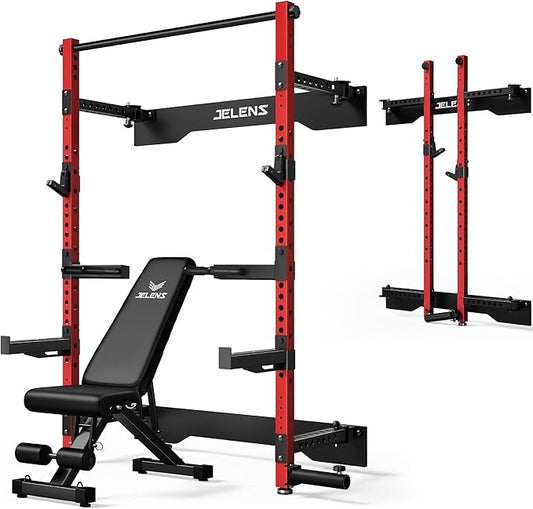 Folding Squat Rack, Wall Mounted Power Rack for Home Gym, Space Saving Multi-Functional Power Cage with Attachments