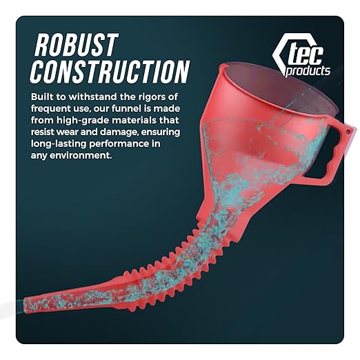 TEC Products FlexAll Long Flexible Funnel for Automotive Use - Durable Nitrile Rubber - Ideal for Car Oil Change, Transmission Funnel Fluid, Diesel, Fuel, Gas - Made in USA - Red (16 x 5 Inches)