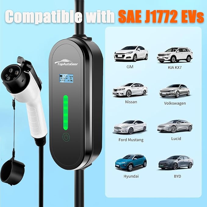 Level 2 EV Charger, 32Amp 220V 20FT Portable Electric Car Charger with LCD Display Screen, NEMA 14-50 Plug, Adjustable Current, Compatible with All J1772 EV (Tesla Require Adapter)