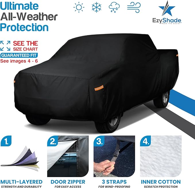 EzyShade 10-Layer Truck Cover Waterproof All Weather. See Vehicle Size-Chart for Accurate Fit. Outdoor Pickup Truck Covers - Colorado Ranger Tacoma. Sun Rain Snow. Black, Size T0 (See SizeChart)