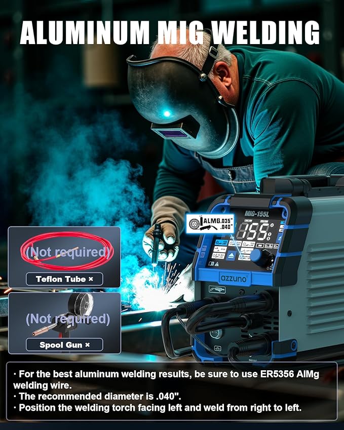 AZZUNO Aluminum MIG Welder 155A, 110V/220V Dual Vlotage 5 in 1 Gas MAG/Aluminum MIG/Gasless Flux Core MIG Welder/Stick/Lift TIG Welding Machine, Multiprocess Wire Feed Welder Machine