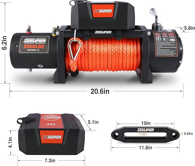 ZESUPER 9500 lb Load Capacity Electric Winch,12V Waterproof IP68 Winch with Wireless Handheld Remotes, Wired Switch,Hawse Fairlead, 80ft Synthetic Rope Winches for Jeep Trailer Truck Off-Road Vehicle