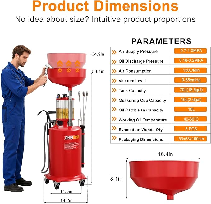 Industrial Fluid Drain Tank, Oil Drain Extractor, Portable Pneumatic Waste Oil Drain with Wheels (Red 5701)