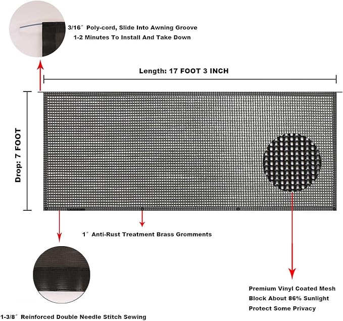 Tentproinc RV Awning Sun Shade Screen 7' X 17' 3'' (fit for 18' Awning) Mesh Sunshade for RV Awning Sunscreen Block UV Glare Motorhome Camping Trailer Awning Shadescreen - 3 Year Warranty (Black)