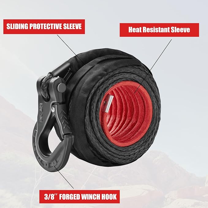 Black Synthetic Rope Winch Rope 3/8 inch x 80 feet, 24000lbs Winch Rope Cable Kit, Winch Line with Protective Sleeve for 4WD Road Vehicle Truck SUV Jeep