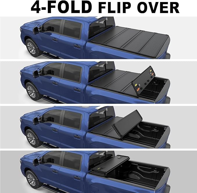 Aluminum Quad Hard Truck Bed Tonneau Cover Compatible for 2016-2024 Nissan Titan Fleetside 5.6 FT Bed On Top 67 inch+2X 60 Inch Light Strip 6500K White 3900LLM