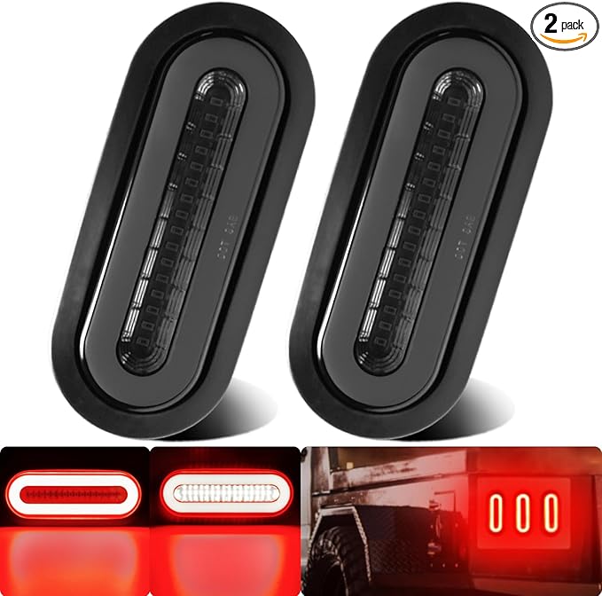 2Pcs 6" inch Smoked Lens Oval Red 52 LEDs Trailer Boat Halo Brake Stop Running Turn Signal Tail Lights【Patented】 w/Rubber Grommet, Sealed Submersible IP67 for Truck/RV/Van, DC 12V