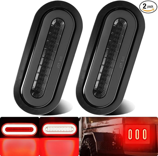 2Pcs 6" inch Smoked Lens Oval Red 52 LEDs Trailer Boat Halo Brake Stop Running Turn Signal Tail Lights【Patented】 w/Rubber Grommet, Sealed Submersible IP67 for Truck/RV/Van, DC 12V
