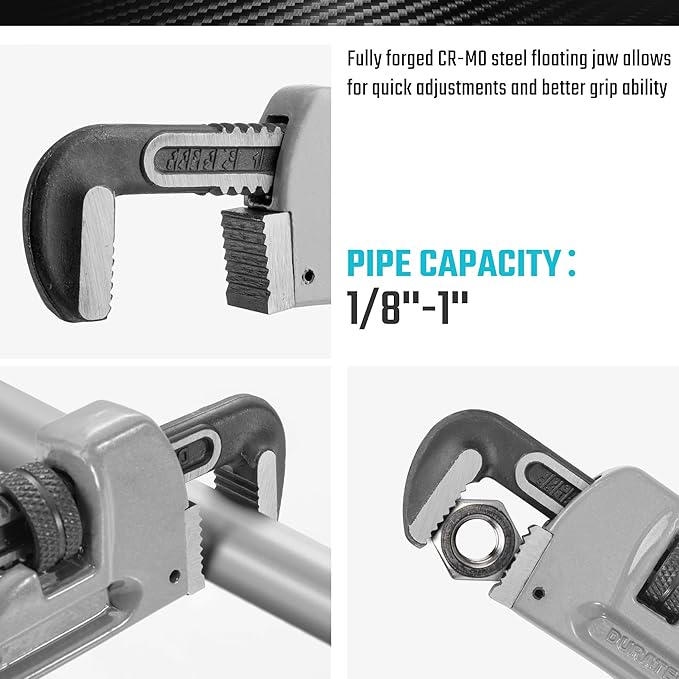 DURATECH 8-inch Heavy Duty Aluminum Straight Pipe Wrench, Adjustable Plumbing Wrench, Drop Forged, Exceed GGG standard