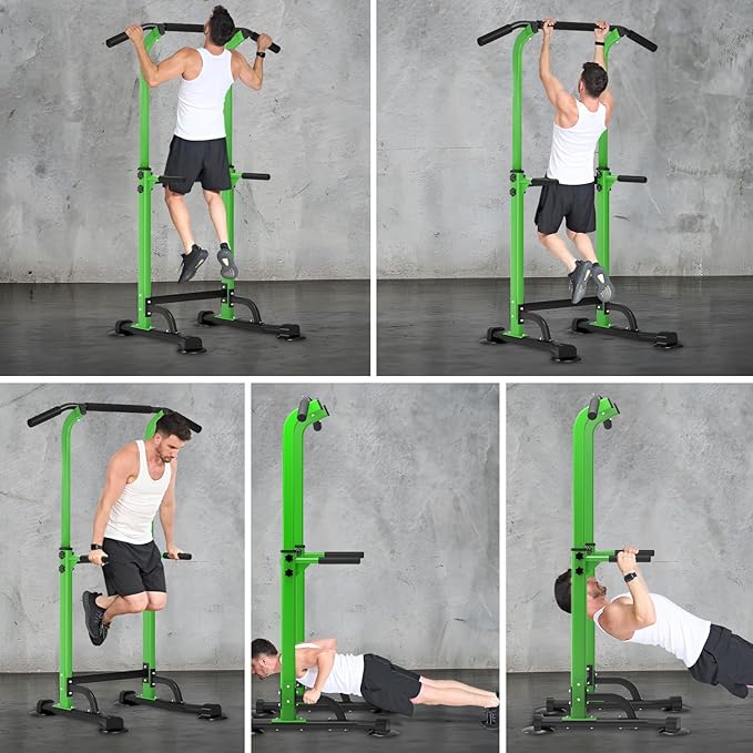 Dland Power Tower Pull Up Bar Dip Station and Height Adjustable Dip Bar Stand, Multi-Function Home Gym Exercise Equipment Strength Training Fitness Workout Station