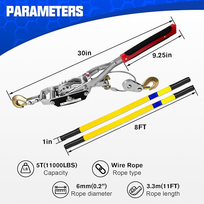 5-Ton Come Along Winch Heavy Duty 11.5ft Steel Cable Come Along Cable Puller with 3 Hooks Dual-Gear Come Along Tool for Vehicle Rescue & Automotive Hoisting