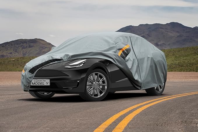 Kayme Heavy Duty Car Cover Waterproof All Weather, Custom Fit for Tesla Model Y, Outdoor SUV Cover with Charging Port and Breathable Ventilation Mesh, Zipper Door Car Cover - Sun and Rain Protection