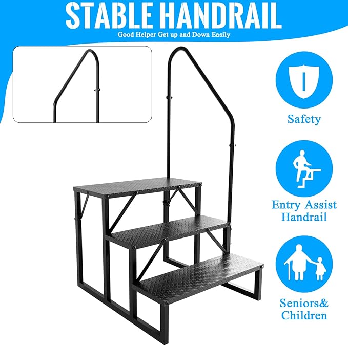 RV Step Stool, 3 Step Ladder, Hot Tub Steps with Handrail, Portable Pool Ladder, 660Lbs Heavy Duty Ladder Shelf Outdoor Mobile Home Stairs for Camper/Porch/SPA Pool/Pet Stairs(1 Pack)