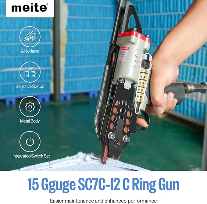 meite SC7C-I2 Pneumatic Hog Ring Gun, 15 Gauge 3/4" Crown Hog Ring Pliers, 5.5-6.0 mm Closure, Upgrade Trigger Air C Ring Stapler for Mattress, Seat Assembly, Wire Cages, and Fencing