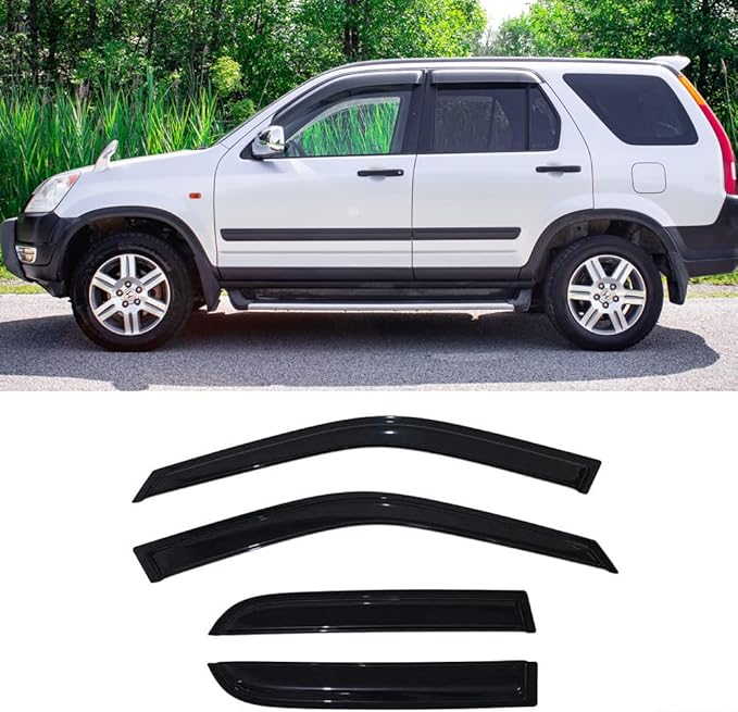 Side Window Vent Defletor Compatible with 2002-2006 Honda CR-V, 4pcs Out-Channel Tape-on Sun Rain Guards Set, Dark Smoke Nice Looking Window Visors 94459