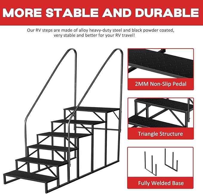 6 Step Hot Tub Steps Outdoor, RV Steps with 2 Handrails, Portable RV Stairs, Heavy Duty Truck Camper Steps Ladders for Travel Trailers, 5th Wheel, Motor Home, Spa, and Porch