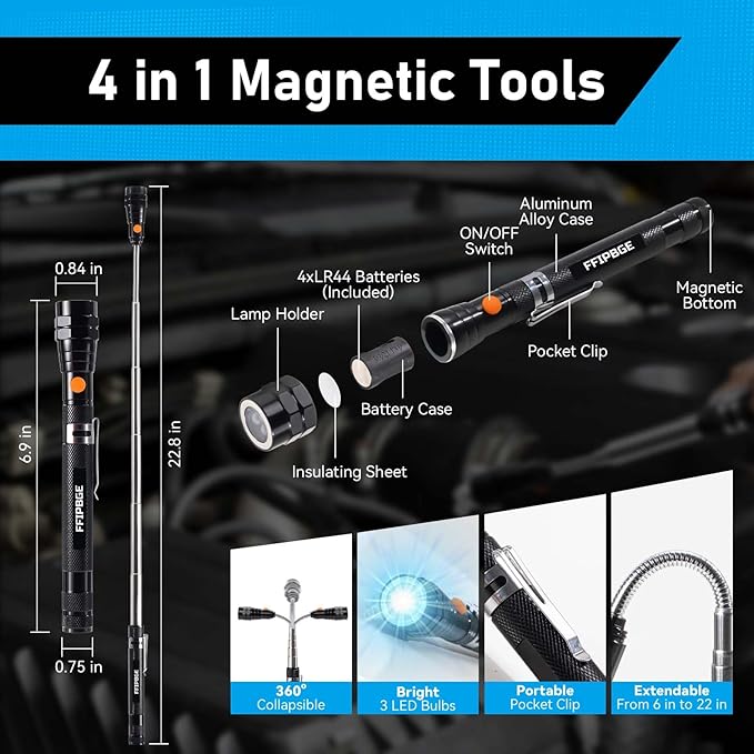 Magnet Pickup Tool with Telescoping Magnetic Flashlight and 6 in 1 Multitool Pen with Rulers, Bubble Level, Screwdrivers, Ballpoint, Christmas Stocking Stuffers for Men Adults, Birthday Gifts for Him