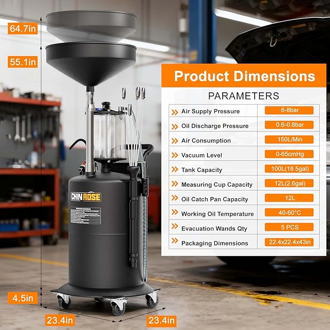 Waste Oil Drain Tank, 26.4 Gallon Capacity, Pneumatic Oil Extractor, 61 in. Suction/Drain Pipes, 3.17 Gallon Measuring Cup, <0.09MPa Vacuum