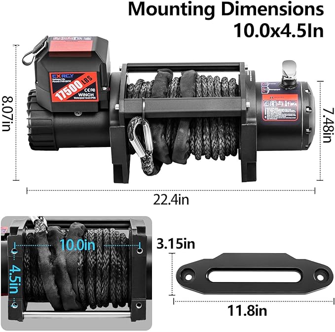 CXRCY 12V Electric Winch,17500LBS Load Capacity Synthetic Rope Towing Winches for Jeep Truck SUV,with Wired Handle and Wireless Remote
