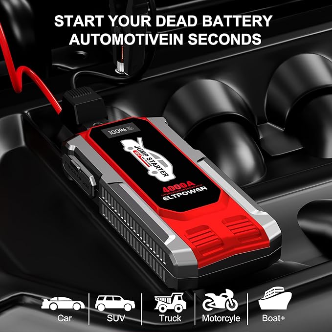Car Battery Jump Starter 12V Battery Booster Pack 4000A Portable Jump Starter Jump Box with Jumper Cables USB Power Bank Dual Output LED Light