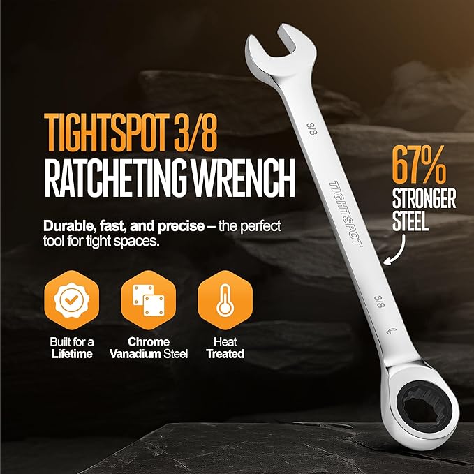TIGHTSPOT 3/8 Inch Ratchet Combination Wrench with Precision Movement and Hardened, Polished Steel for Projects with SAE Tight Spaces