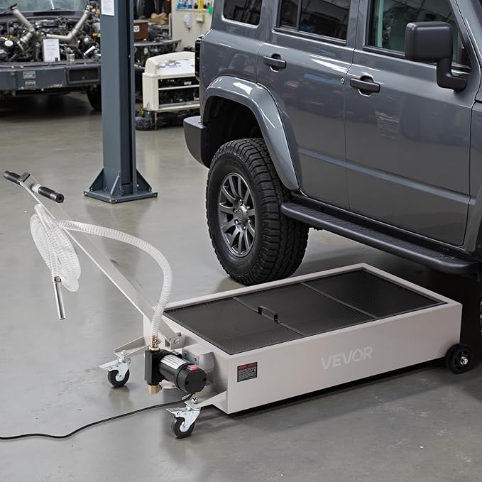 VEVOR Low Profile Oil Drain Pan, 20 Gallon Capacity, Rolling Oil Drain Pan with Electric Pump, 7.2 ft Hose & T Folding Handle, Leak-proof & Corrosion-resistant, Fit for Cars, SUVs, Trucks, ATVs, White