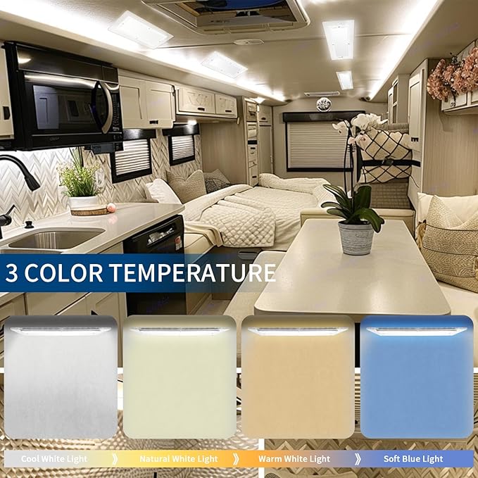 Miady RV Dimmable Lights Interior 1800 LM, 4 Color Temperature Warm Natural Cool White and Blue Ambient Lightting, 12V Volt Led Ceiling Dome Lights for Camper/Car/Trailer/Boat, 2-Pack