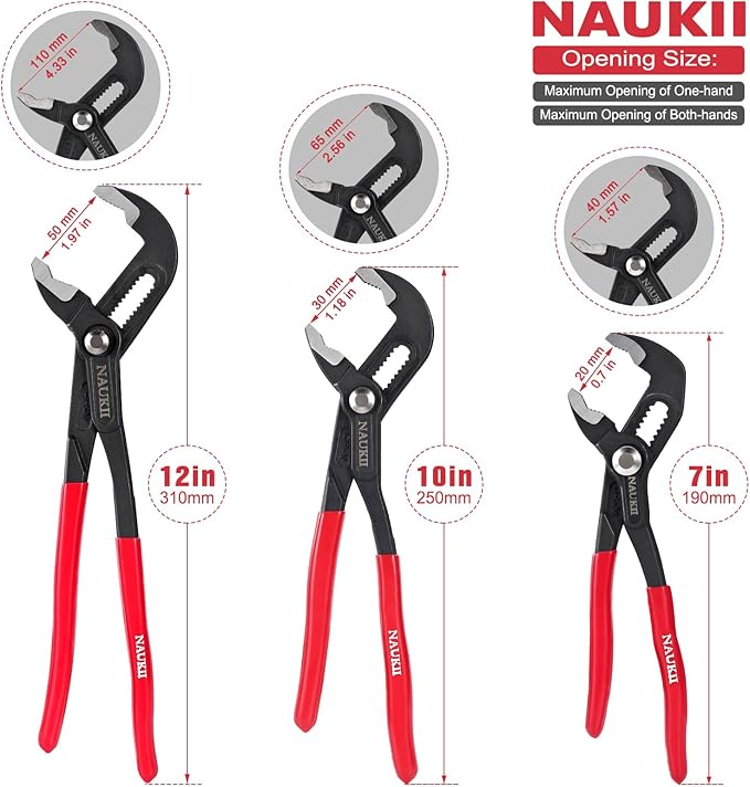 3piece Water Pump Pliers Set 8/10/12 inch Groove Joint Pliers Set Non-Slip Grip Precision Clamping Plumbing Lock Plier for Repairs Quick Release Adjustable Plier Set