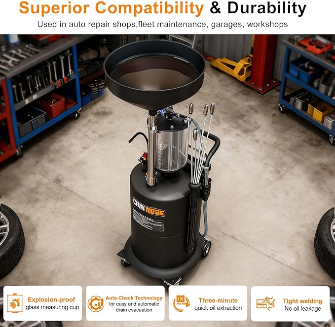Waste Oil Drain Tank, 26.4 Gallon Capacity, Pneumatic Oil Extractor, 61 in. Suction/Drain Pipes, 3.17 Gallon Measuring Cup, <0.09MPa Vacuum