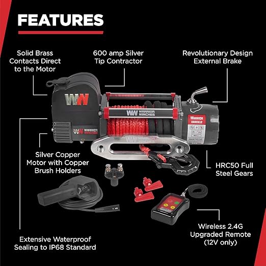 Warrior Winches Samurai 8000 lbs 12V Electric Winch with Synthetic Rope - Powerful Electric Winch for Trucks - 8000 lbs Load Capacity - Wireless Remote Included