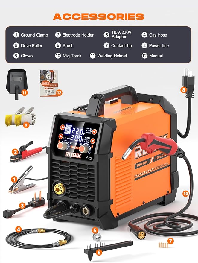 RUBIK MIG Welder,200 Amp 5 in 1 Flux Core Welder,Gas MIG/Gasless Flux Core MIG/Stick/Lift TIG/Spot welding/Spool Gun 110V/220V Aluminum Multi Process Welding Machine with Large LED Digital Display