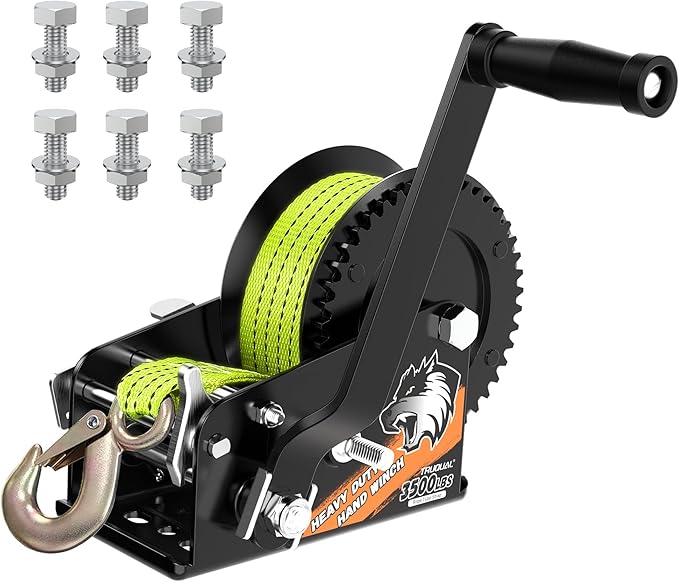 3500LB Boat Trailer Winch, Heavy Duty Boat Winches for Trailers with 33FT Green Strap, 2 Speed Ratchet 4:1/8:1 Gear, Manual Trailer Winch for Towing Boats, Trucks, Jet Skis, RVs, and ATVs