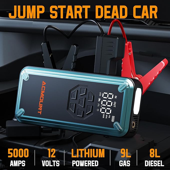 Jump Starter with Air Compressor, Acmount 5000A Car Battery Jump Starter with 150PSI Tire Inflator for Up to 9.0 Gas/8.0L Diesel, 12V Portable Jump Starter Box with LCD Display, Light (Blue)