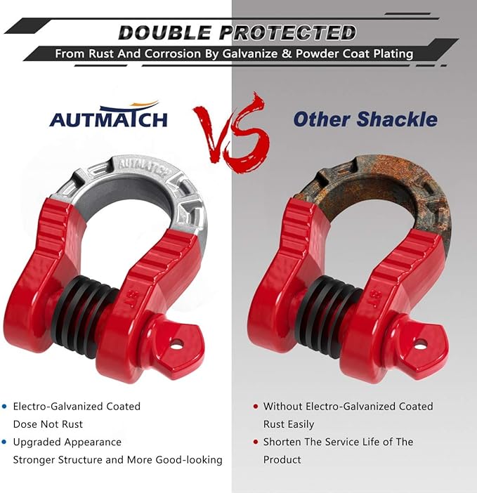 AUTMATCH D Ring Shackles 3/4" Mega Shackle (2 Pack) 68,000Ibs Break Strength - Heavy Duty Clevis Shackles with 7/8" Screw Pin and Isolator Washer for Tow Strap Winch Off Road Vehicle Recovery, Red