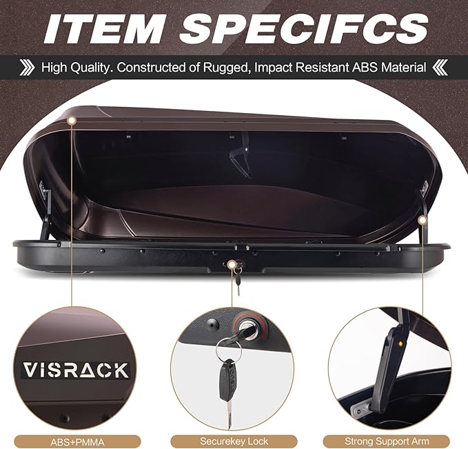 Rooftop Cargo Box Carrier Large 14 Cubic Feet Car Top Mount Travel Luggage Storage, Dual Side Opening, Heavy Duty Waterproof Rooftop Storage Box Extra Keys, Straps (Brown)