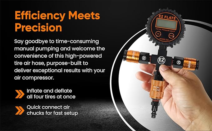 EZ FLATE 4 Tire Hose System | Heavy Duty | Truck or Car Tires | UTV Side By Side Tires | Fast Inflation | 4 Tires at Once | Auto Equalize | Quick Connest Air Chucks (Recoil Hose System)